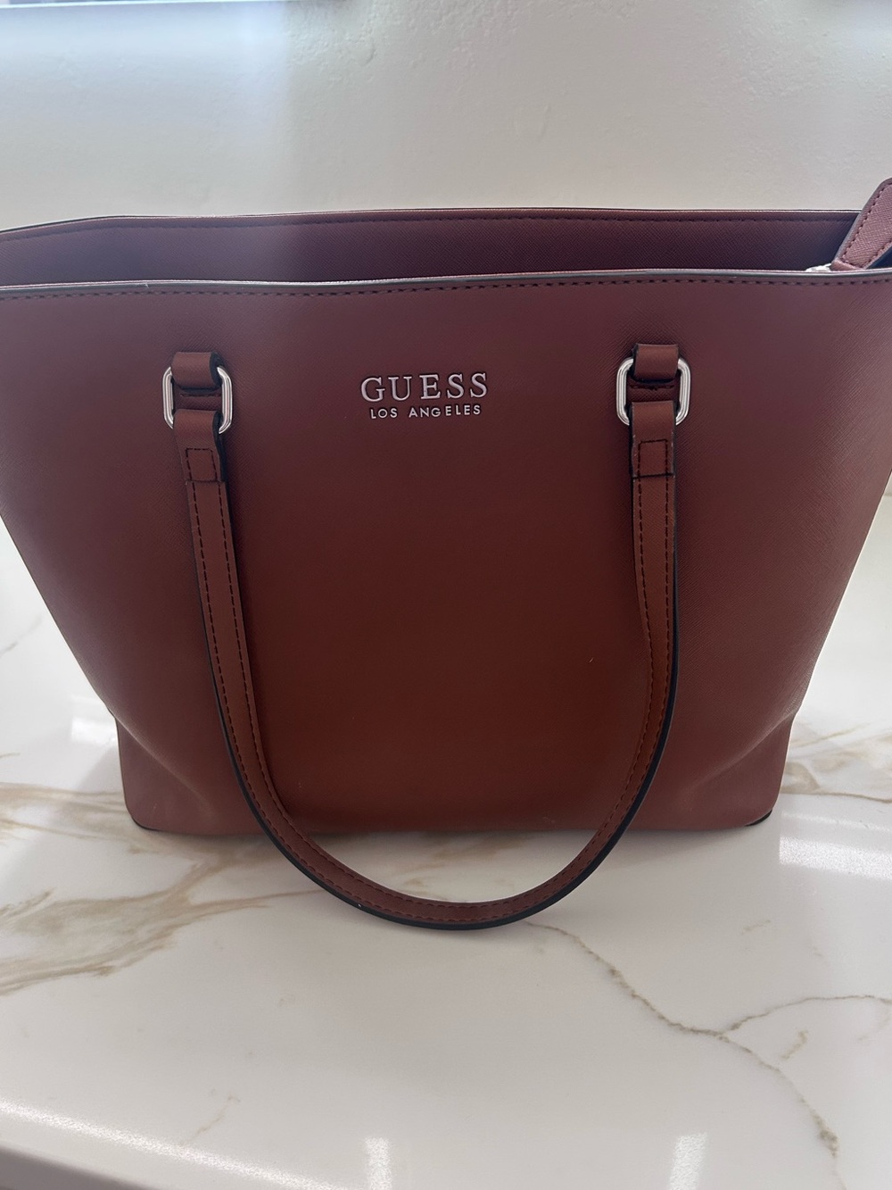 GUESS Brown Saffiano Tote Bag with Double Straps
